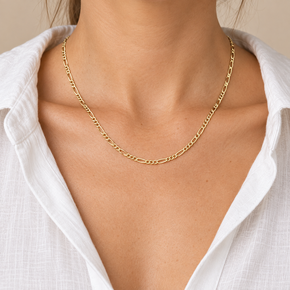 Classic Figaro Chain Necklace — worn styling, yellow gold illustration