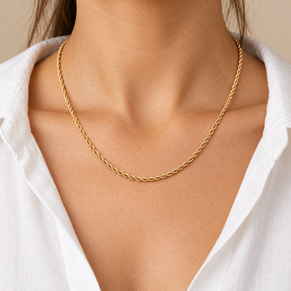 Classic Rope Chain Necklace — worn styling, yellow gold illustration