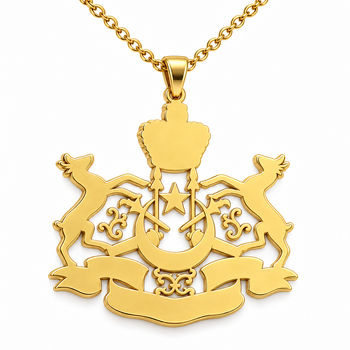 Kelantan Emblem Pendant — plain reverse angle, yellow gold; any chain shown is an optional styling accessory