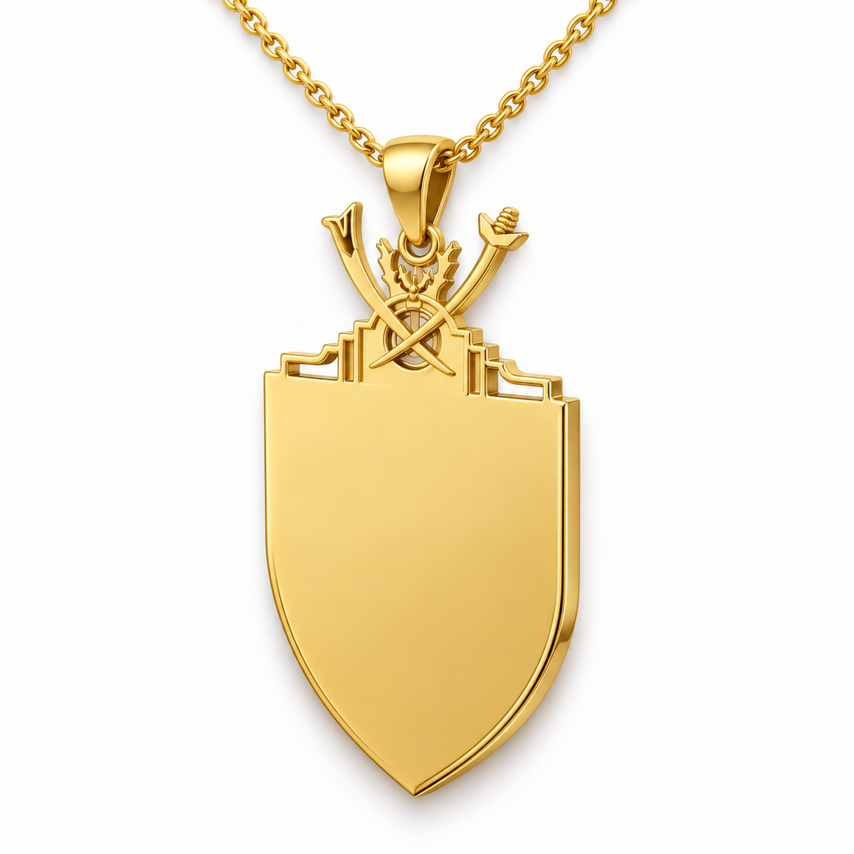 Negeri Sembilan Emblem Pendant — plain reverse angle, yellow gold; any chain shown is an optional styling accessory