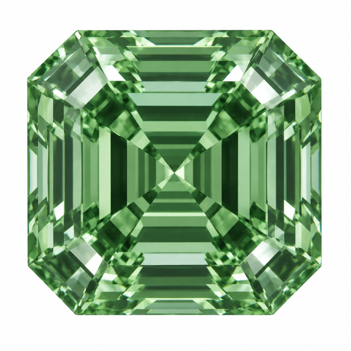 Illustrative head-on render of a asscher green lab-grown diamond; not a photograph of an individual stone.
