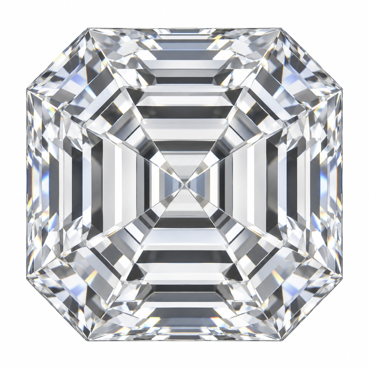 Illustrative head-on render of a asscher colourless lab-grown diamond; not a photograph of an individual stone.