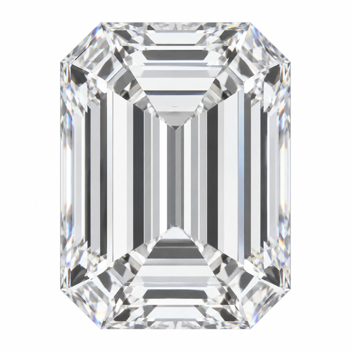 Illustrative head-on render of a emerald colourless lab-grown diamond; not a photograph of an individual stone.