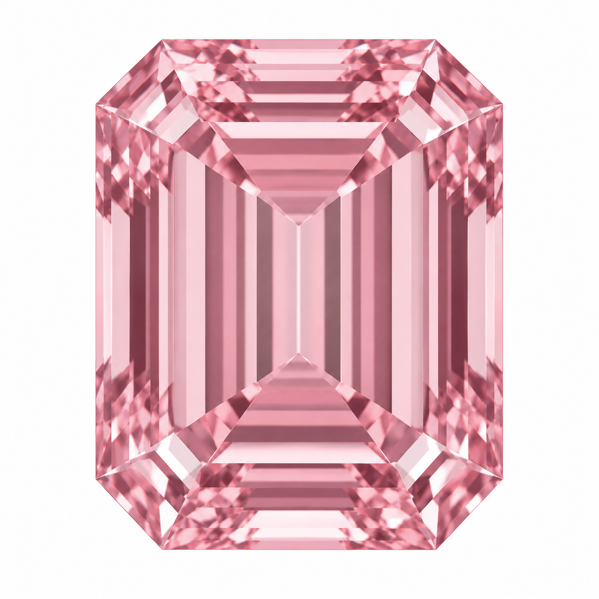 Illustrative head-on render of a emerald pink lab-grown diamond; not a photograph of an individual stone.