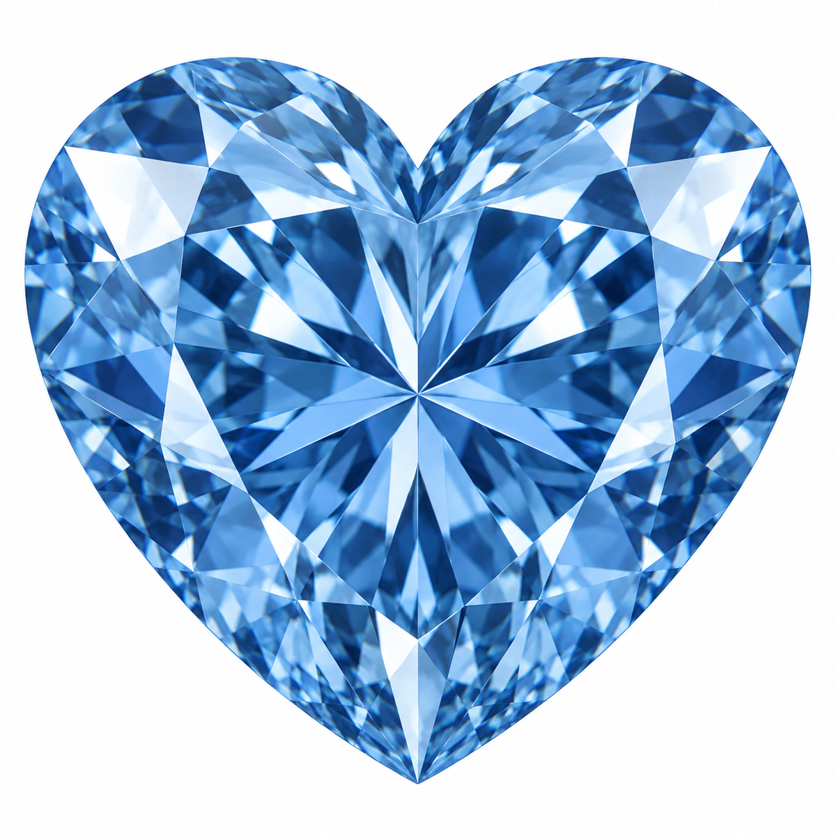 Illustrative head-on render of a heart blue lab-grown diamond; not a photograph of an individual stone.
