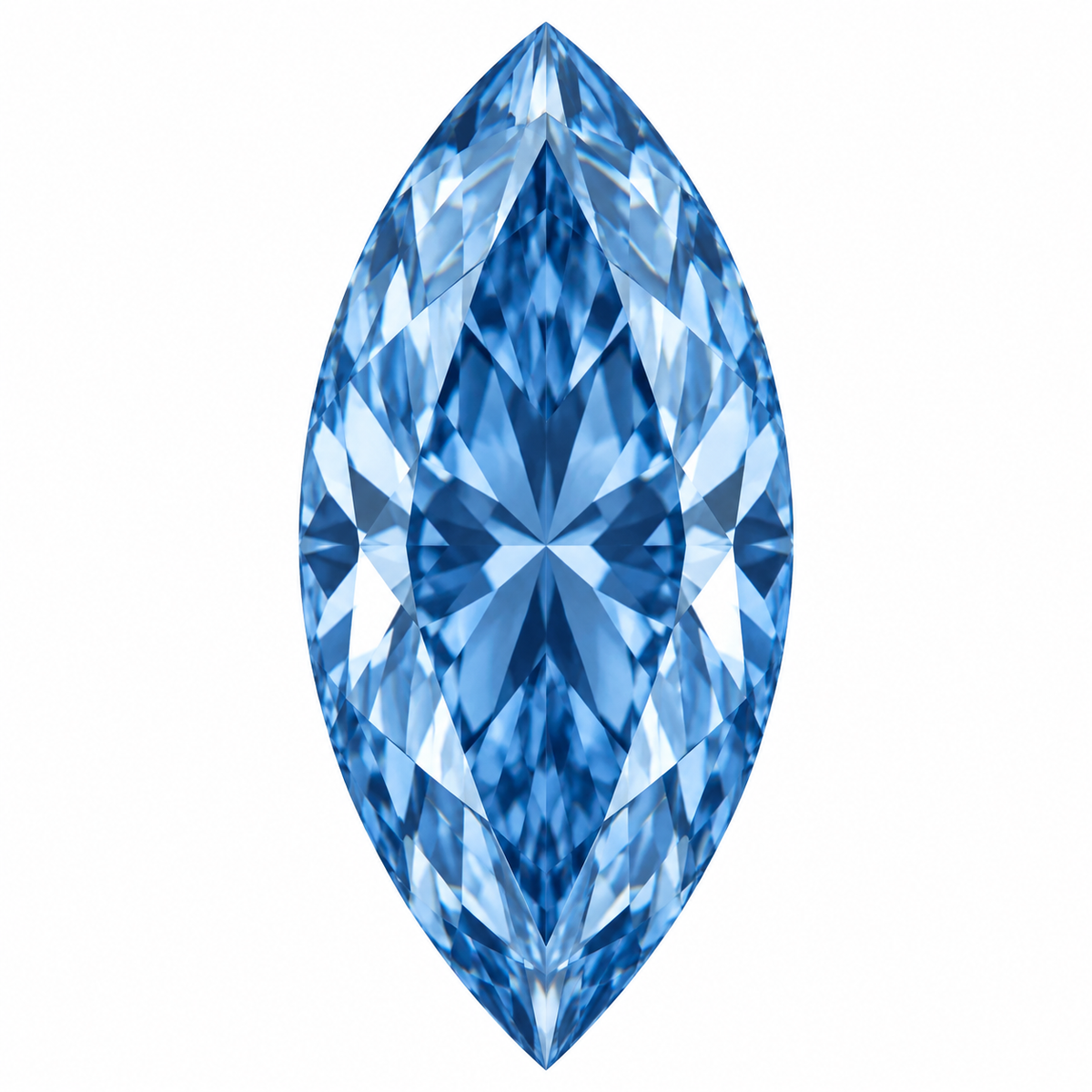 Illustrative head-on render of a marquise blue lab-grown diamond; not a photograph of an individual stone.