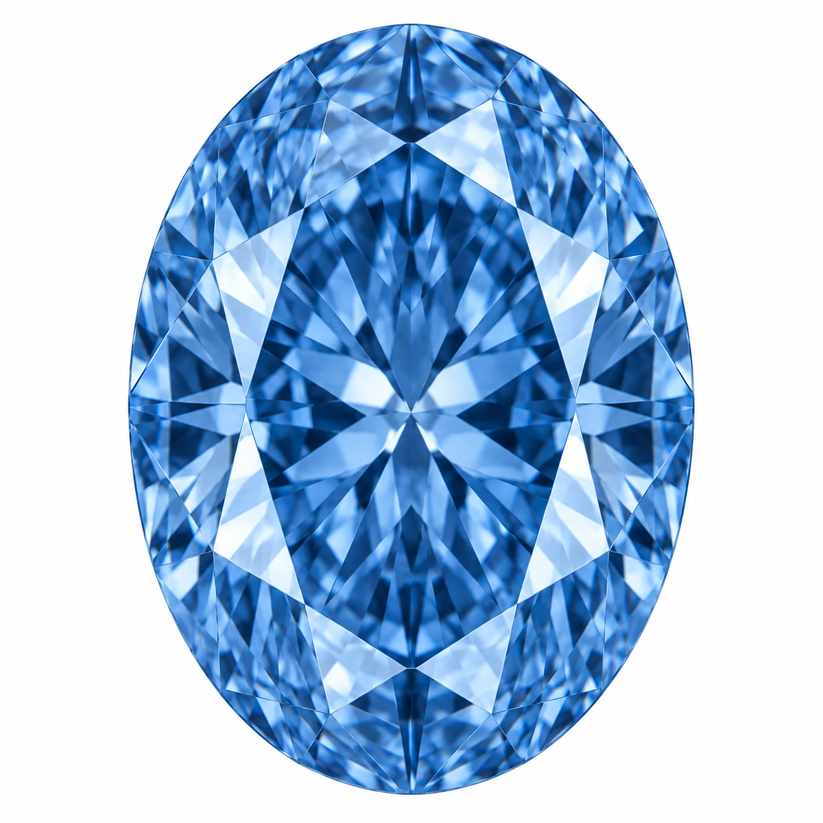 Illustrative head-on render of a oval blue lab-grown diamond; not a photograph of an individual stone.