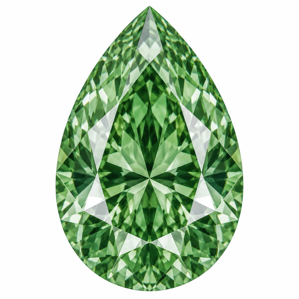 Illustrative head-on render of a pear green lab-grown diamond; not a photograph of an individual stone.