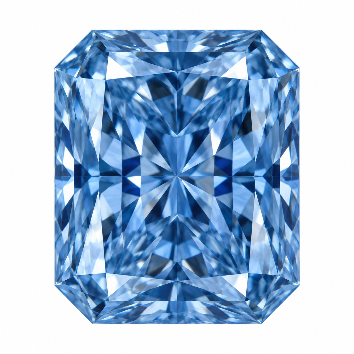 Illustrative head-on render of a radiant blue lab-grown diamond; not a photograph of an individual stone.