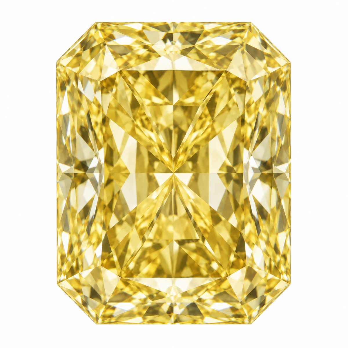 Illustrative head-on render of a radiant yellow lab-grown diamond; not a photograph of an individual stone.