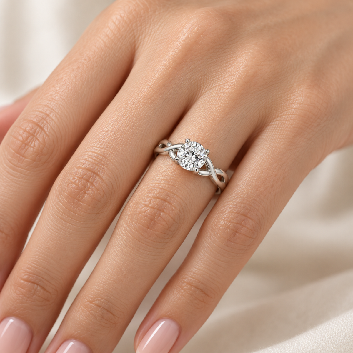 [metal:white-gold] Arabesque Ring Setting — on hand — illustrative design render