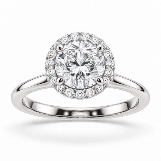 [metal:white-gold] Classic Halo Ring Setting — front — illustrative design render