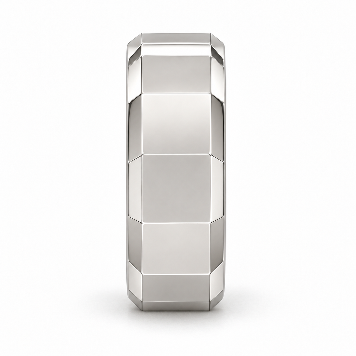 [metal:white-gold] Alden Faceted Band — side-profile — Broad polished facets with bevelled edges and a smooth rounded interior, edge profile studio view [catalog-v4]