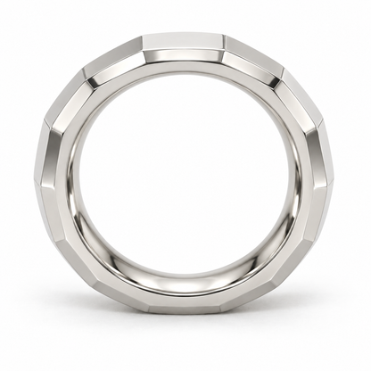 [metal:white-gold] Alden Faceted Band — top — Broad polished facets with bevelled edges and a smooth rounded interior, circular elevation studio view [catalog-v4]