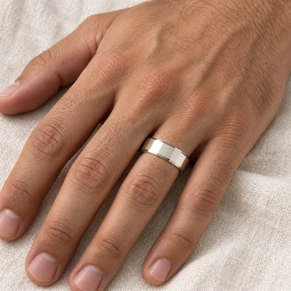[metal:all] Alden Faceted Band — worn — Human-worn styling illustration [catalog-v4]