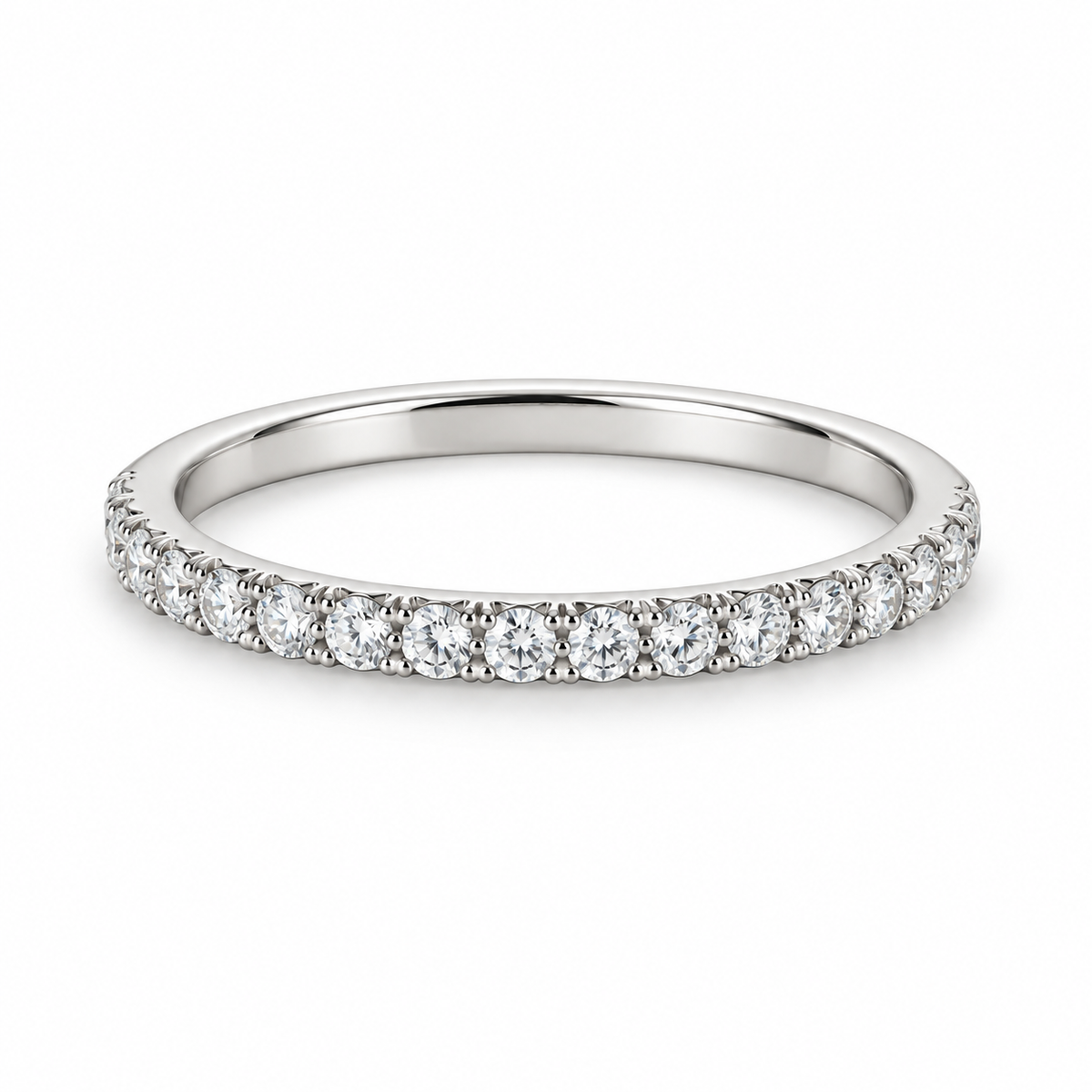 [metal:white-gold] Alouette Half-Pavé Ring — front — Single-row half-pavé ring, shallow front studio view [catalog-v4]