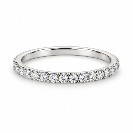 [metal:white-gold] Alouette Half-Pavé Ring — front — Single-row half-pavé ring, shallow front studio view [catalog-v4]