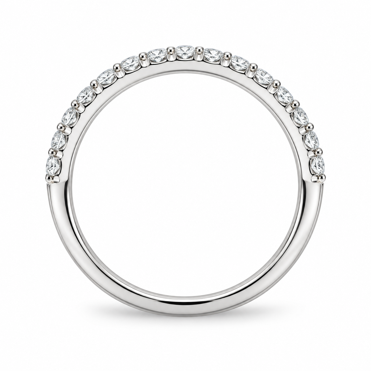 [metal:white-gold] Alouette Half-Pavé Ring — top — Single-row half-pavé ring, circular elevation studio view [catalog-v4]