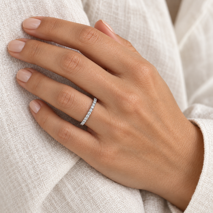[metal:all] Alouette Half-Pavé Ring — worn — Human-worn styling illustration [catalog-v4]