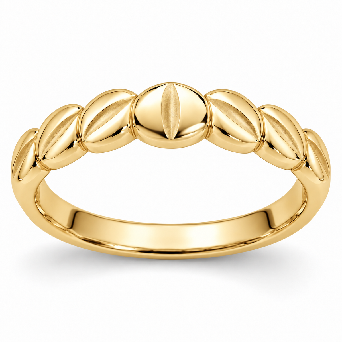 [metal:yellow-gold] Alysienne Lozenge Band — front — Womens slender closed continuous band made of seven gently puffed polished lozenge-shaped metal panels across top half, seamlessly joined to plain smooth lower band. Each lozenge has a narrow satin central depression. Circular comfort-fit bore, no diamonds. [catalog-v4]