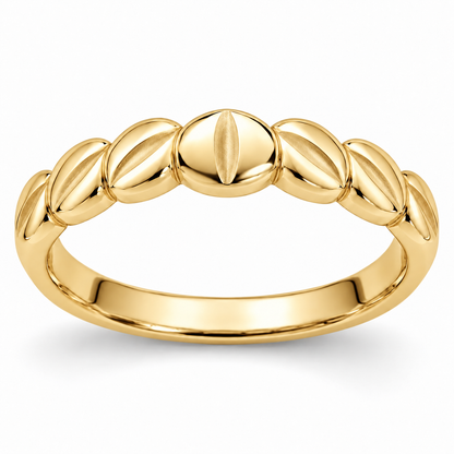[metal:yellow-gold] Alysienne Lozenge Band — front — Womens slender closed continuous band made of seven gently puffed polished lozenge-shaped metal panels across top half, seamlessly joined to plain smooth lower band. Each lozenge has a narrow satin central depression. Circular comfort-fit bore, no diamonds. [catalog-v4]