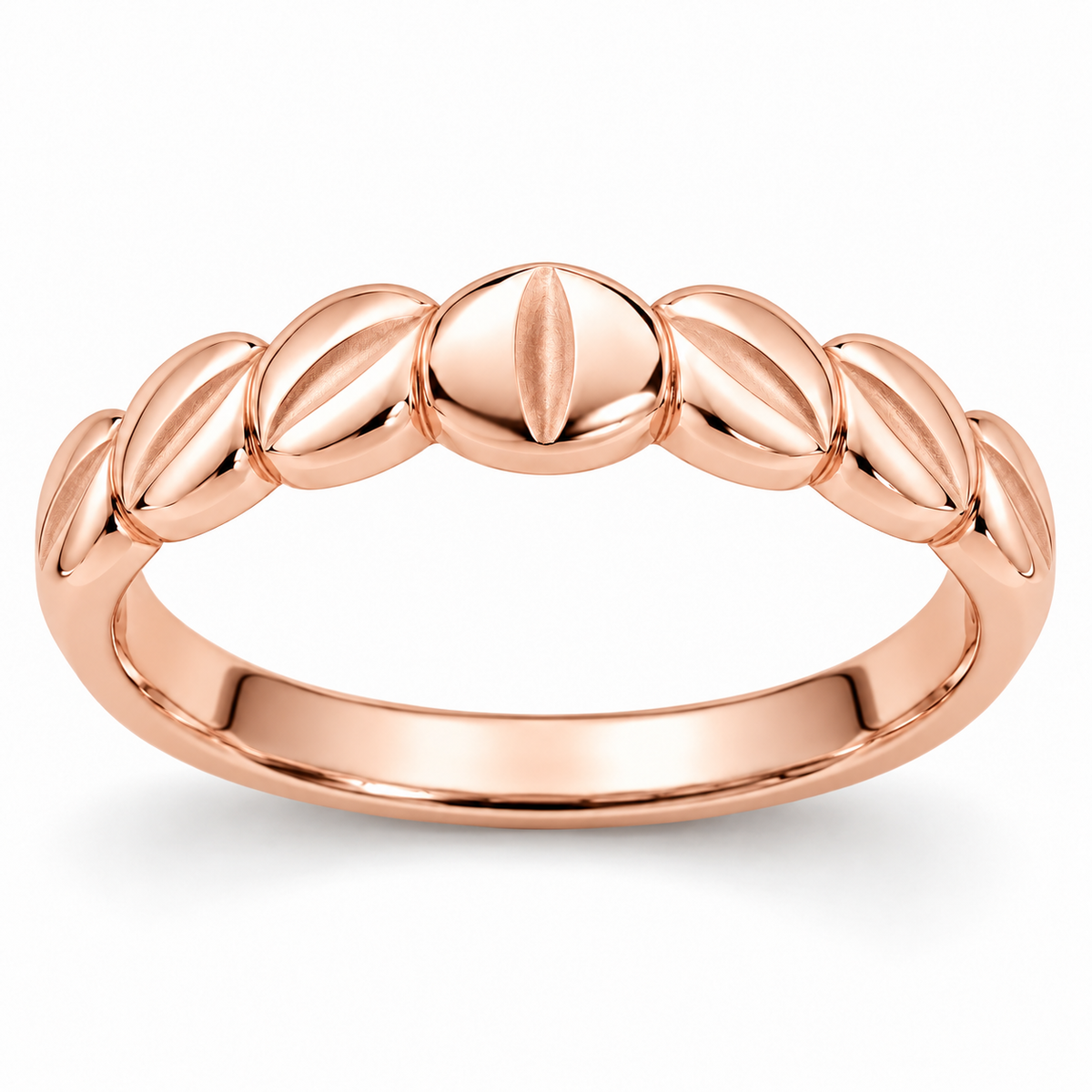 [metal:rose-gold] Alysienne Lozenge Band — front — Womens slender closed continuous band made of seven gently puffed polished lozenge-shaped metal panels across top half, seamlessly joined to plain smooth lower band. Each lozenge has a narrow satin central depression. Circular comfort-fit bore, no diamonds. [catalog-v4]