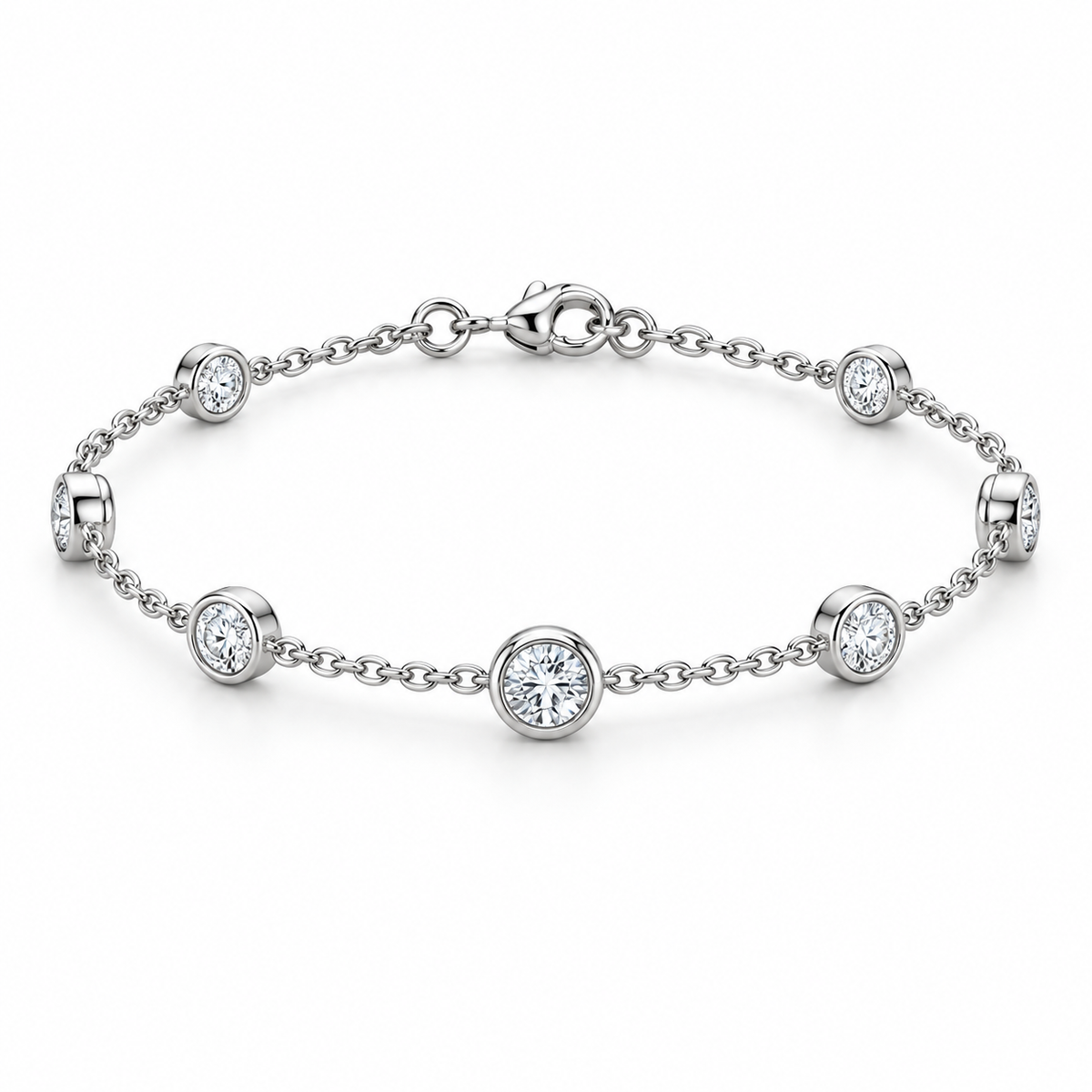 [metal:white-gold] Amara Bezel Bracelet — front — Bezel station bracelet, low oblique studio view [catalog-v4]