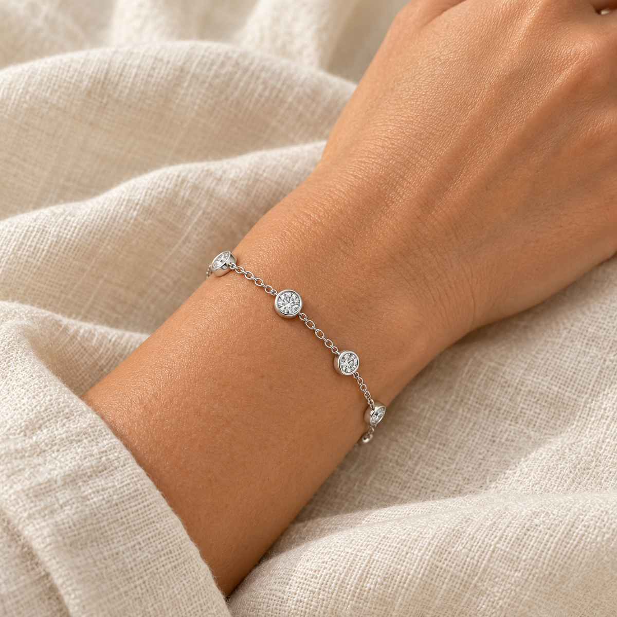 [metal:all] Amara Bezel Bracelet — worn — Human-worn styling illustration [catalog-v4]
