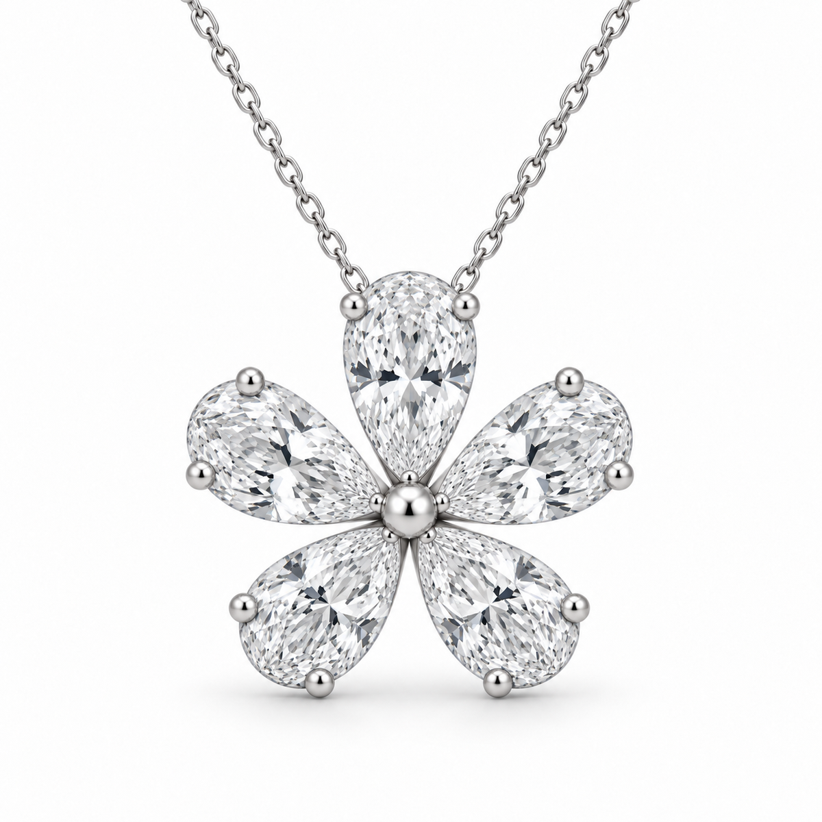 [metal:white-gold] Amaryllis Floral Pendant — front — Five pear diamond floral pendant, front studio view [catalog-v4]