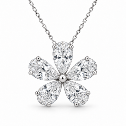 [metal:white-gold] Amaryllis Floral Pendant — front — Five pear diamond floral pendant, front studio view [catalog-v4]
