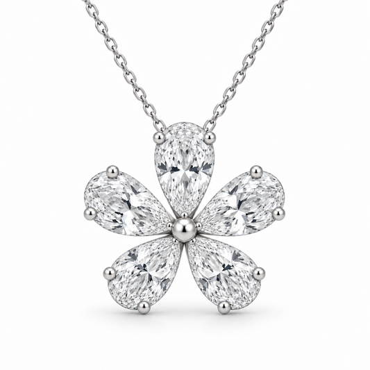 [metal:white-gold] Amaryllis Floral Pendant — front — Five pear diamond floral pendant, front studio view [catalog-v4]