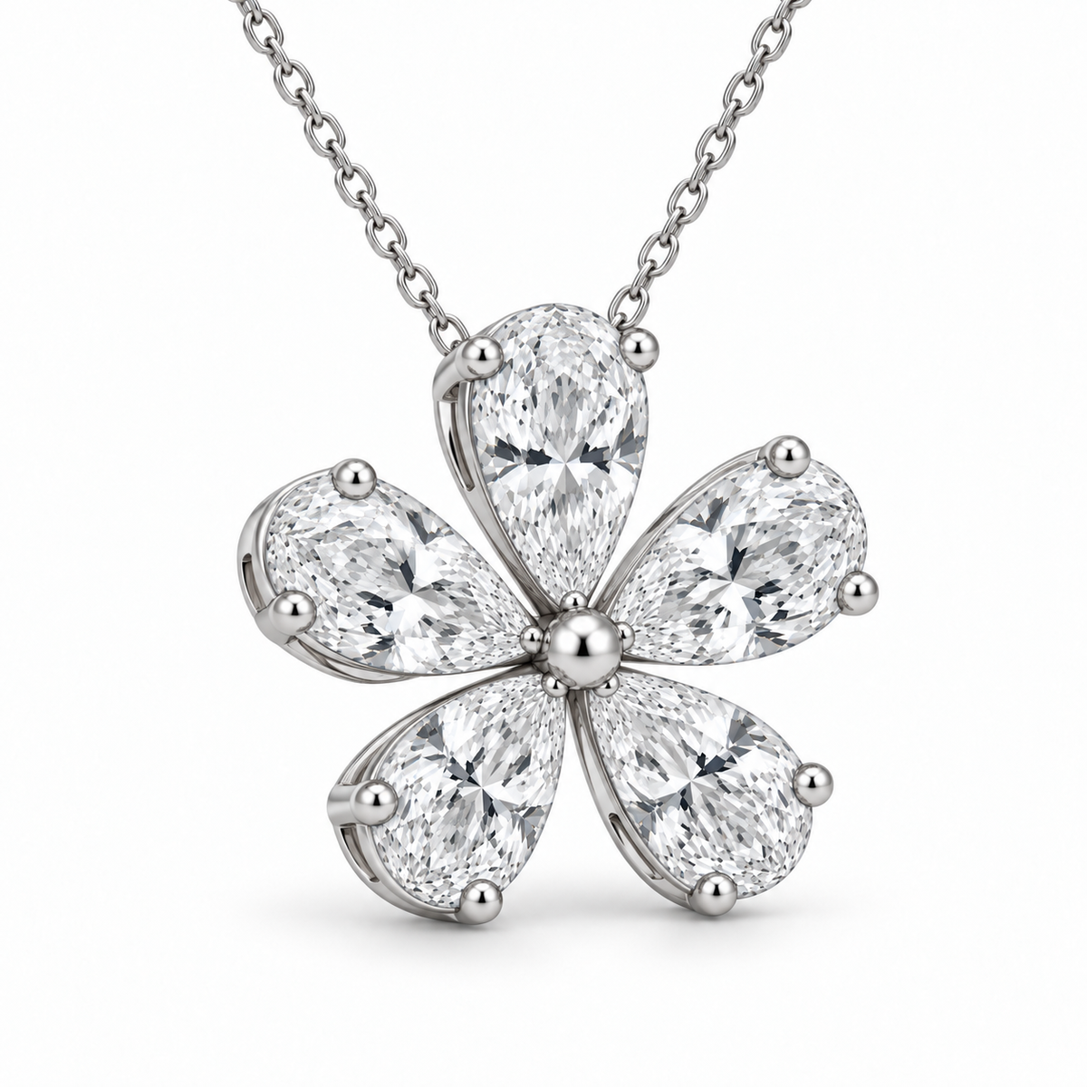 [metal:white-gold] Amaryllis Floral Pendant — three-quarter — Five pear diamond floral pendant, oblique studio view [catalog-v4]