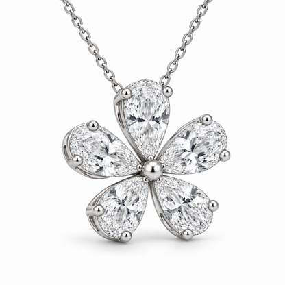 [metal:white-gold] Amaryllis Floral Pendant — three-quarter — Five pear diamond floral pendant, oblique studio view [catalog-v4]