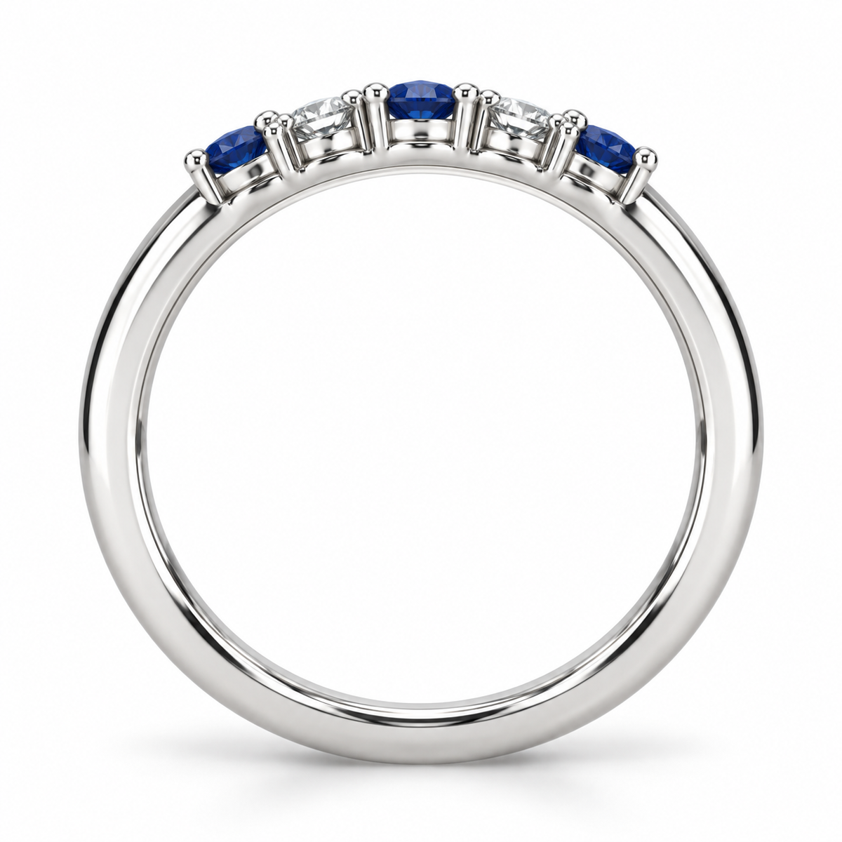 [metal:white-gold] Amelie Sapphire Accent Band — top — slender polished band with five round stones across front ordered blue sapphire white diamond blue sapphire white diamond blue sapphire, top view [catalog-v4]