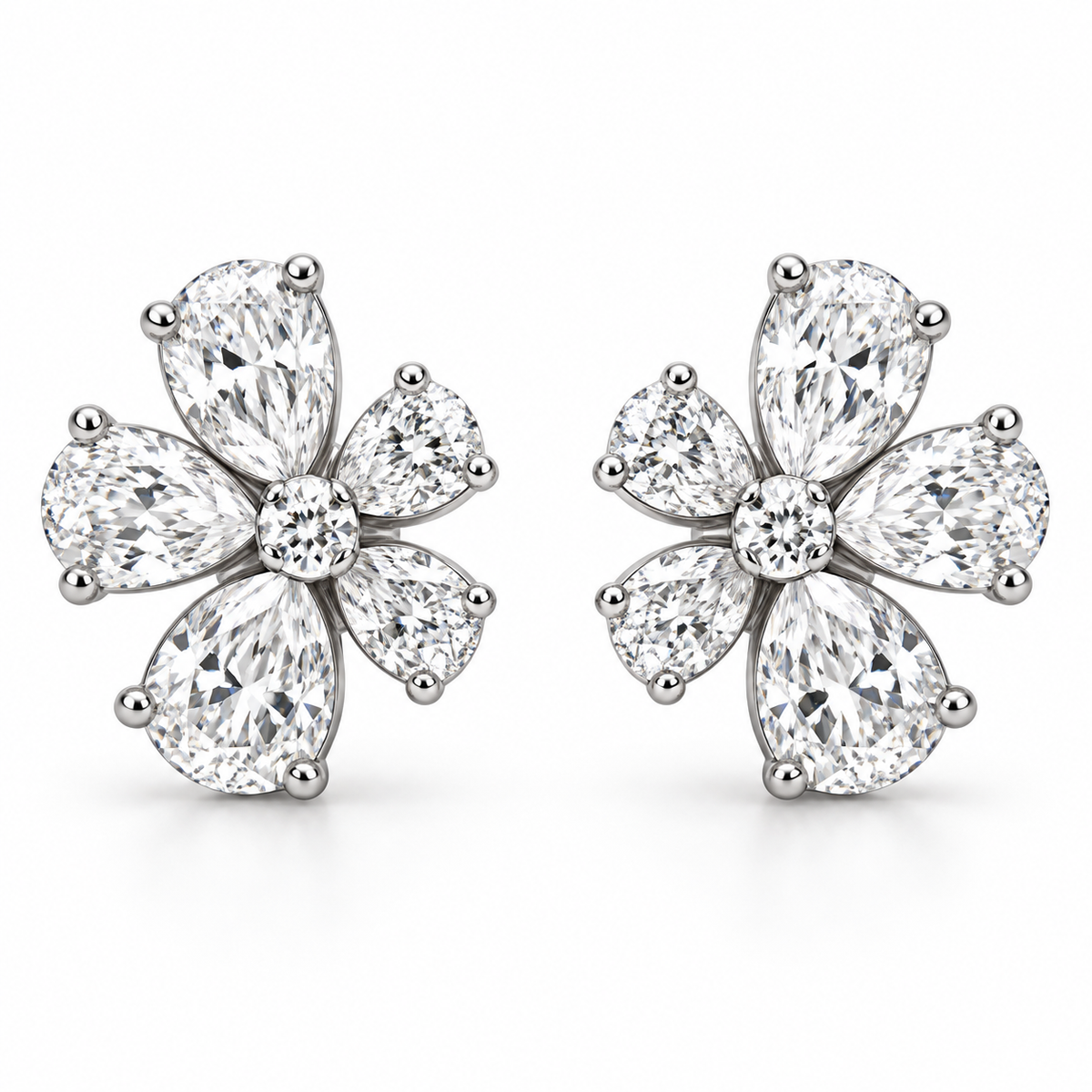 [metal:white-gold] Arabella Floral Earrings — front — Mirrored floral diamond earrings, front view [catalog-v4]