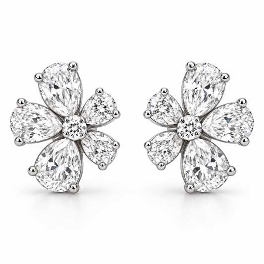 [metal:white-gold] Arabella Floral Earrings — front — Mirrored floral diamond earrings, front view [catalog-v4]