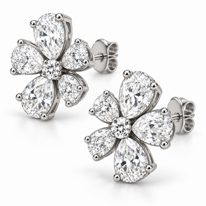 [metal:white-gold] Arabella Floral Earrings — three-quarter — Oblique view showing floral baskets and butterfly backs [catalog-v4]