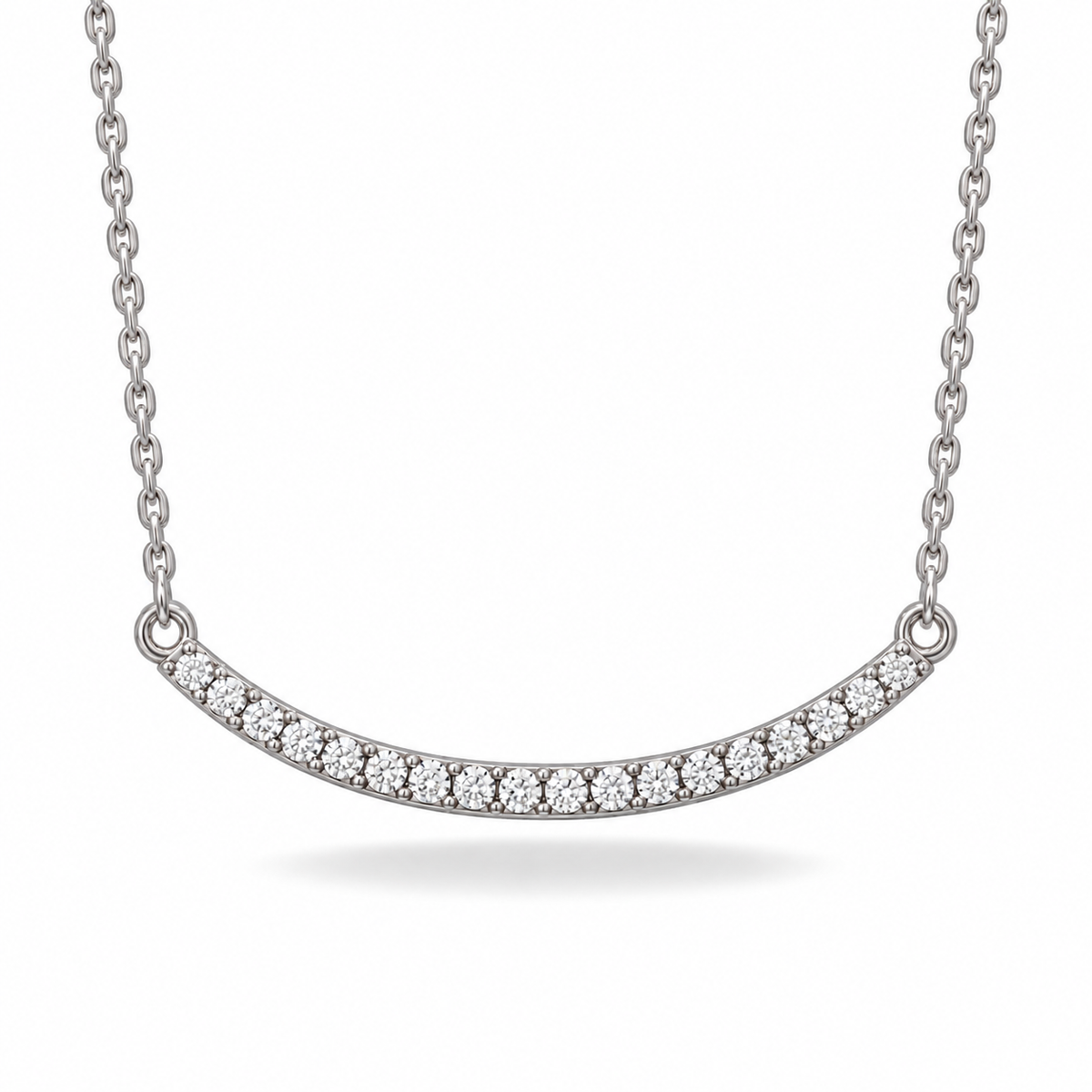 [metal:white-gold] Arabesque Diamond Bar Necklace — front — Curved diamond bar necklace, front studio view [catalog-v4]