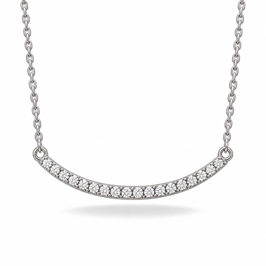 [metal:white-gold] Arabesque Diamond Bar Necklace — front — Curved diamond bar necklace, front studio view [catalog-v4]