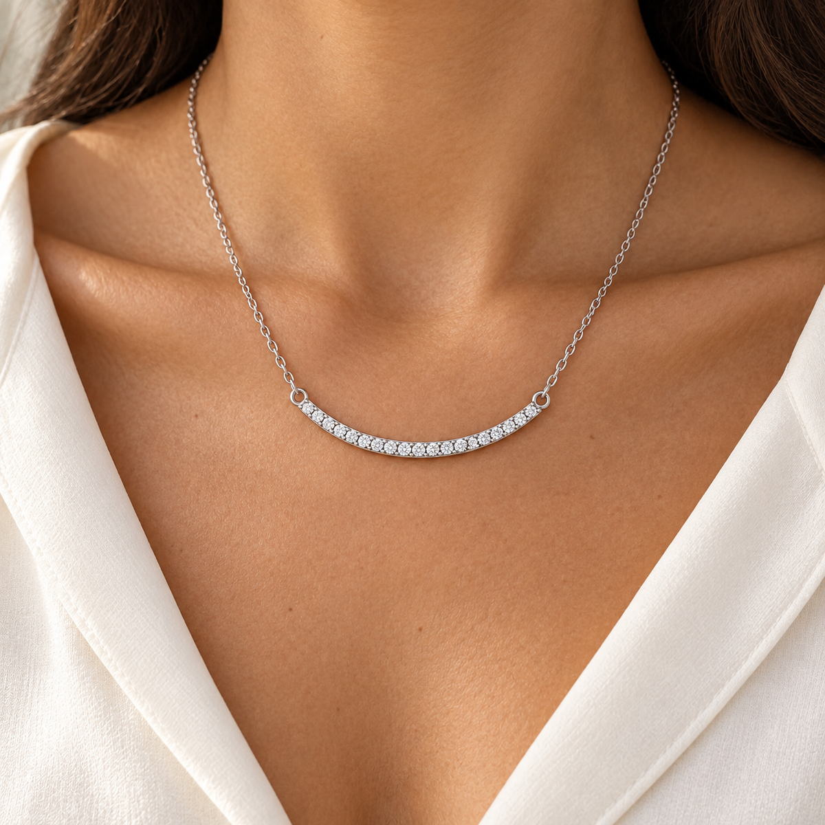[metal:all] Arabesque Diamond Bar Necklace — worn — Human-worn styling illustration [catalog-v4]