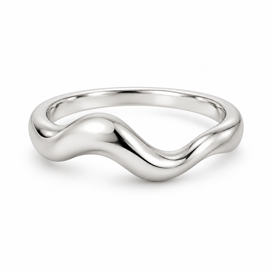 [metal:white-gold] Asteria Wave Ring — front — Asymmetric polished wave band, shallow front studio view [catalog-v4]
