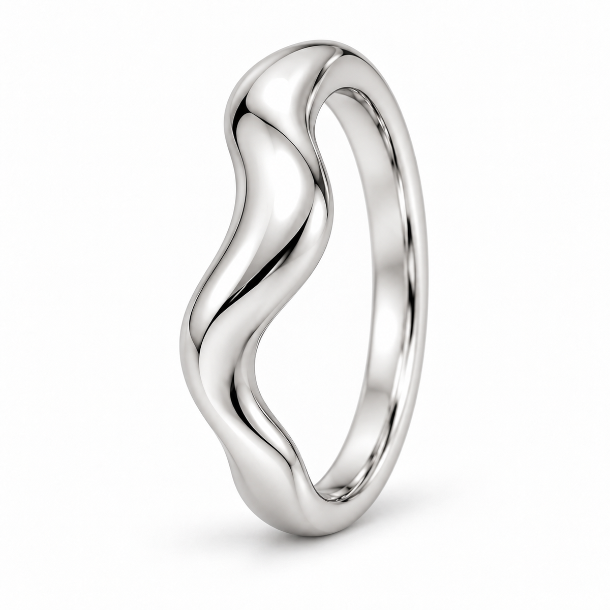 [metal:white-gold] Asteria Wave Ring — three-quarter — Asymmetric polished wave band, standing oblique studio view [catalog-v4]