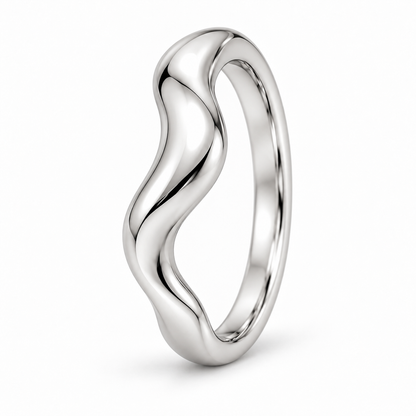 [metal:white-gold] Asteria Wave Ring — three-quarter — Asymmetric polished wave band, standing oblique studio view [catalog-v4]