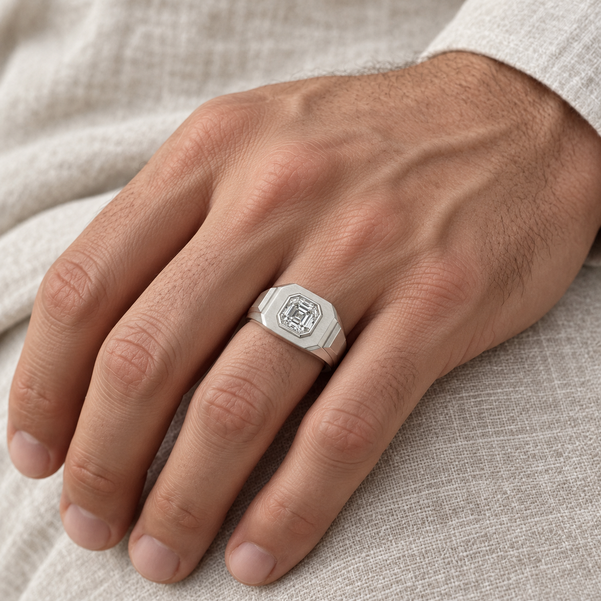 [metal:all] Aurel Octagonal Signet Setting — worn — Human-worn styling illustration; proportions are not calibrated [catalog-v4]