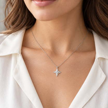 [metal:all] Aurelie Compass Diamond Pendant — worn — Human-worn styling illustration [catalog-v4]
