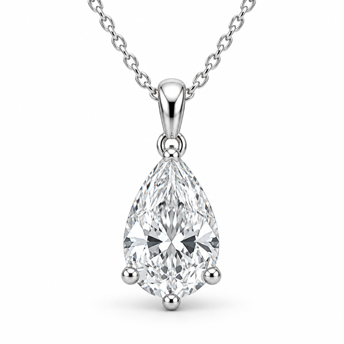 [metal:white-gold] Aurora Pear Pendant — front — Pear solitaire pendant, front studio view [catalog-v4]