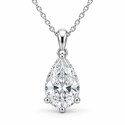 [metal:white-gold] Aurora Pear Pendant — front — Pear solitaire pendant, front studio view [catalog-v4]