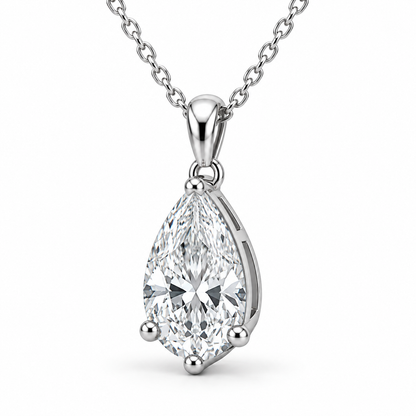 [metal:white-gold] Aurora Pear Pendant — three-quarter — Pear solitaire pendant, oblique studio view [catalog-v4]
