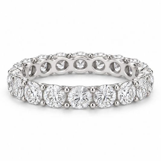 [metal:white-gold] Aveline Round Eternity Ring — front — Shared-prong round diamond eternity ring, shallow front studio view [catalog-v4]