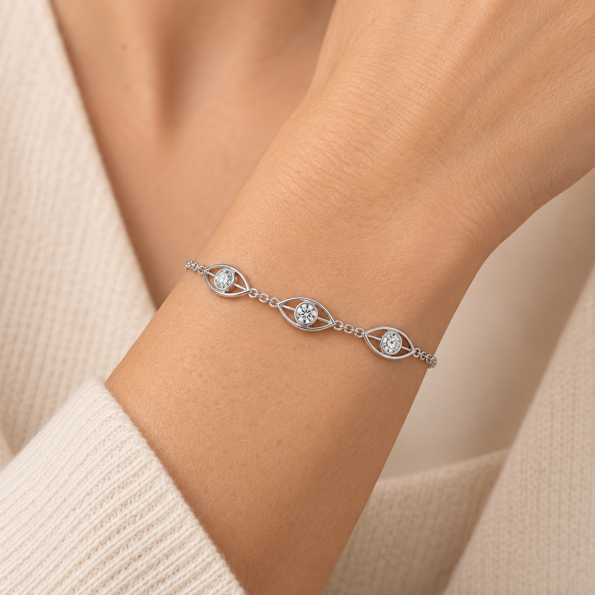 [metal:white-gold] Avenisse Lens Station Bracelet — worn — Same design shown worn [catalog-v4]